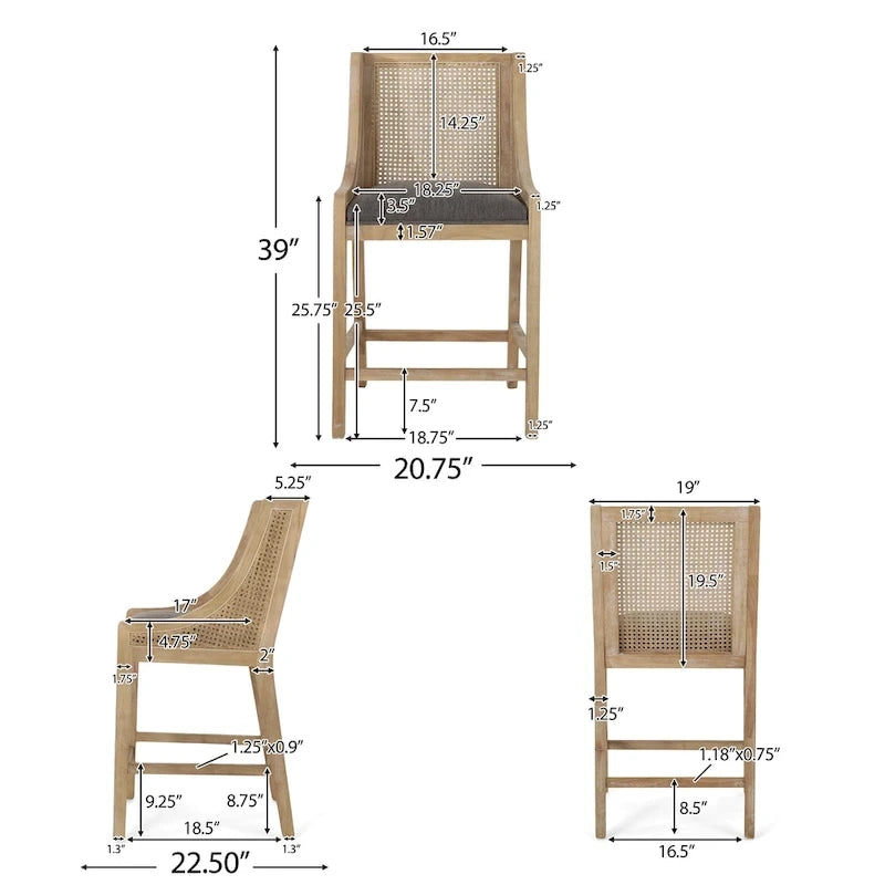 Tabourets de comptoir de 64,75 cm en bois, cannage et tissu