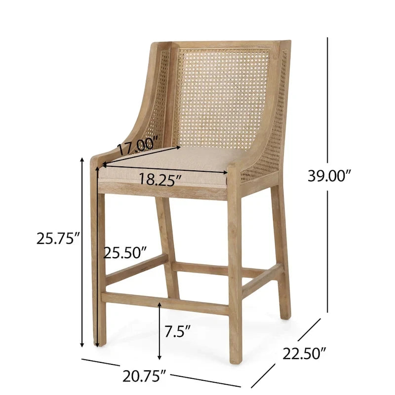 Tabourets de comptoir de 64,75 cm en bois, cannage et tissu