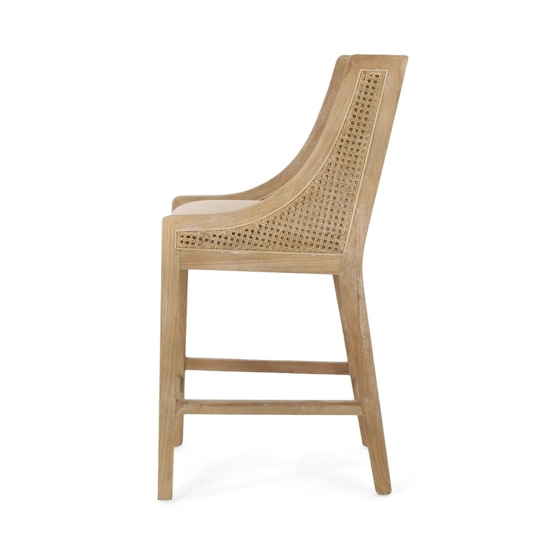 Tabourets de comptoir de 64,75 cm en bois, cannage et tissu