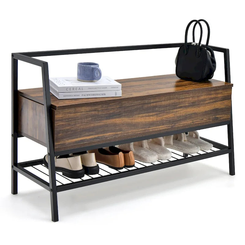 Banc à chaussures industriel avec vérin à gaz et coffre de rangement caché