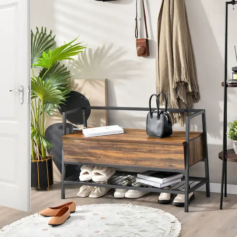 Banc à chaussures industriel avec vérin à gaz et coffre de rangement caché