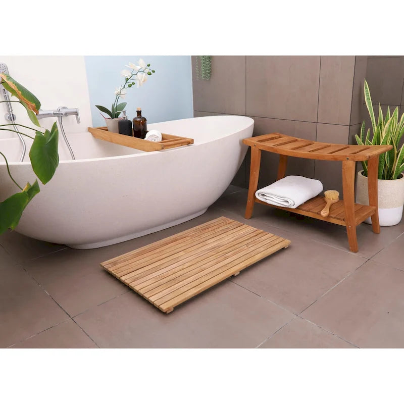 Banc de style asiatique en teck massif de style nordique avec étagère