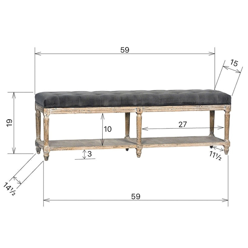 Banc rembourré Mariel avec capitonnage et étagère, gris anthracite