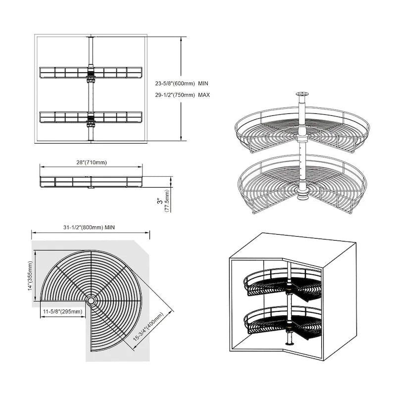 Plateau tournant Lazy Susan Dowell de 28 po de diamètre - Double support en acier inoxydable à 270 degrés