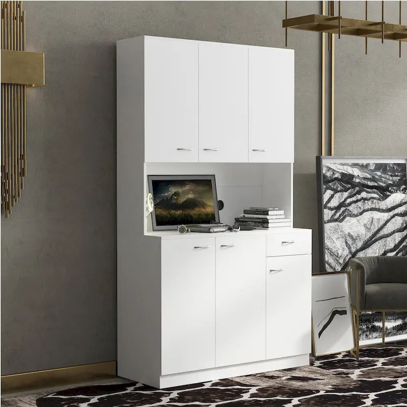 Armoire de cuisine/buffet haute blanche de 180 cm avec 6 portes, 1 étagère ouverte et 1 tiroir - 99,99 cm L x 39 cm P x 180 cm H
