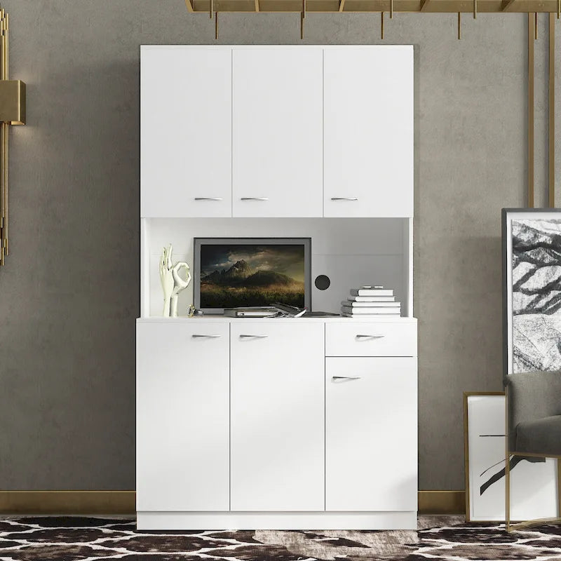 Armoire de cuisine/buffet haute blanche de 180 cm avec 6 portes, 1 étagère ouverte et 1 tiroir - 99,99 cm L x 39 cm P x 180 cm H