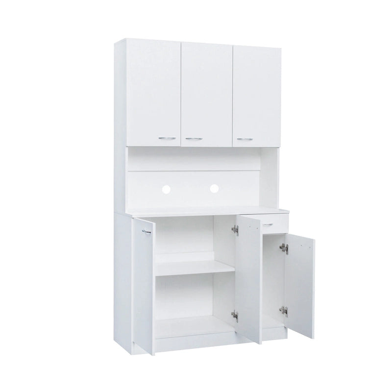 Armoire de cuisine/buffet haute blanche de 180 cm avec 6 portes, 1 étagère ouverte et 1 tiroir - 99,99 cm L x 39 cm P x 180 cm H
