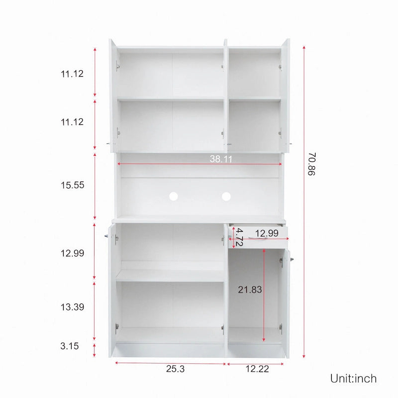 Armoire de cuisine/buffet haute blanche de 180 cm avec 6 portes, 1 étagère ouverte et 1 tiroir - 99,99 cm L x 39 cm P x 180 cm H