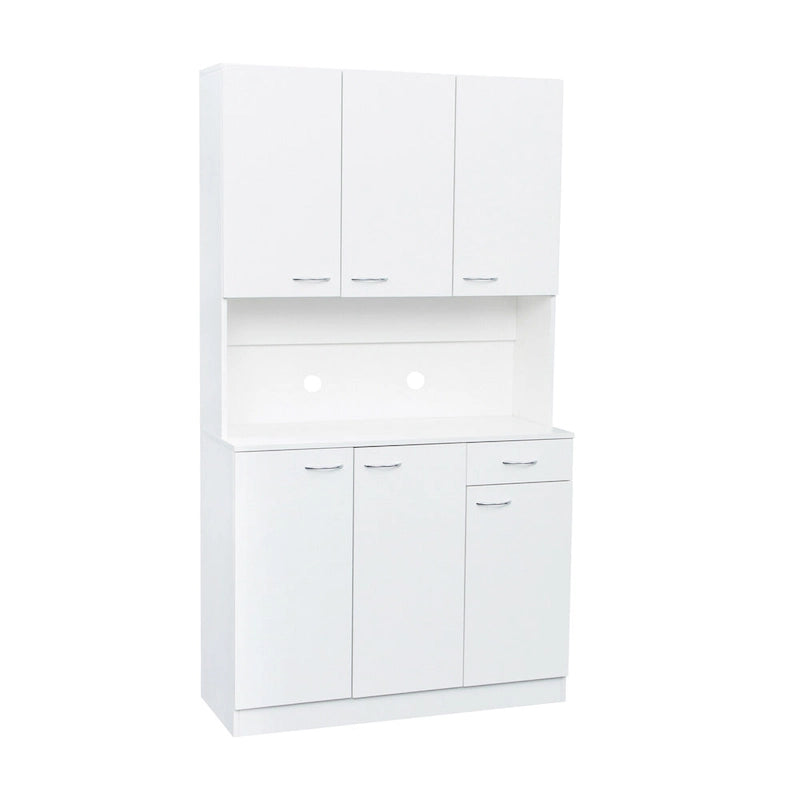 Armoire de cuisine/buffet haute blanche de 180 cm avec 6 portes, 1 étagère ouverte et 1 tiroir - 99,99 cm L x 39 cm P x 180 cm H