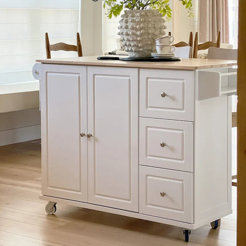  Kitchen Island Cart with Drop-Leaf and Rubber Wood Top, Rolling Kitchen Trolley Cart with Large Storage Cabinet
