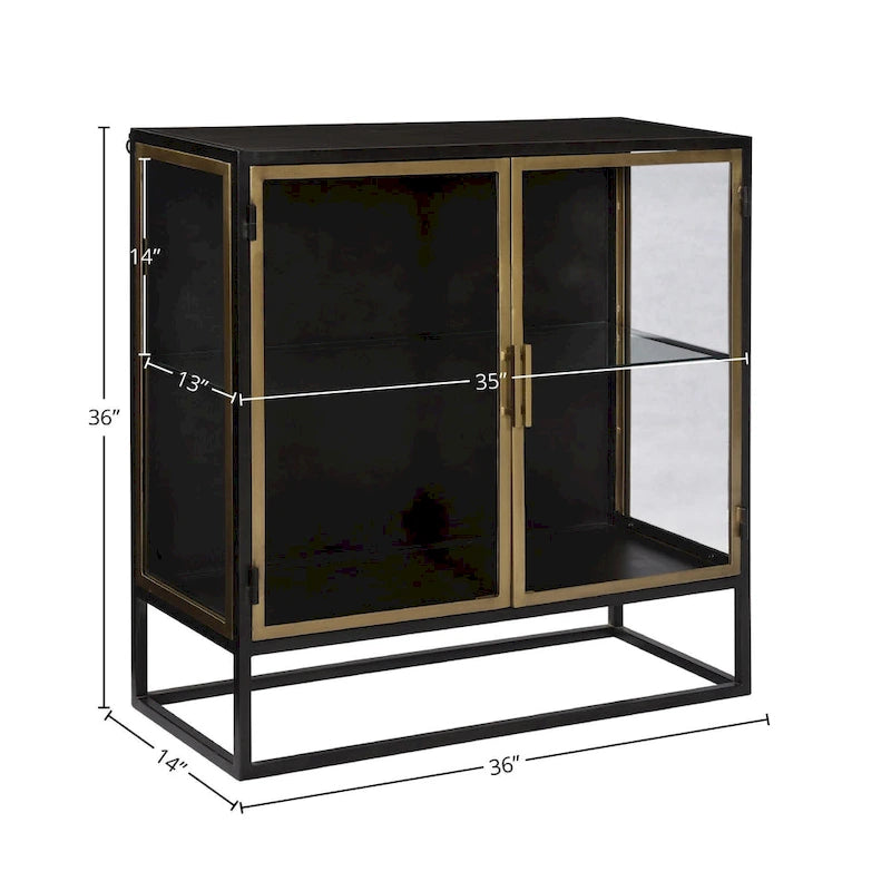 Buffet Brynlee à 2 portes en fer et verre finition bronze et laiton de 91 cm