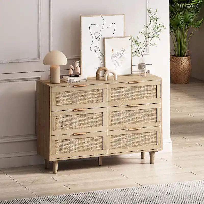 Commode de rangement en rotin à 6 tiroirs, pour chambre à coucher, salon, couleur bois