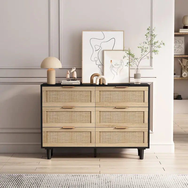 Commode de rangement en rotin à 6 tiroirs, pour chambre à coucher, salon, couleur bois