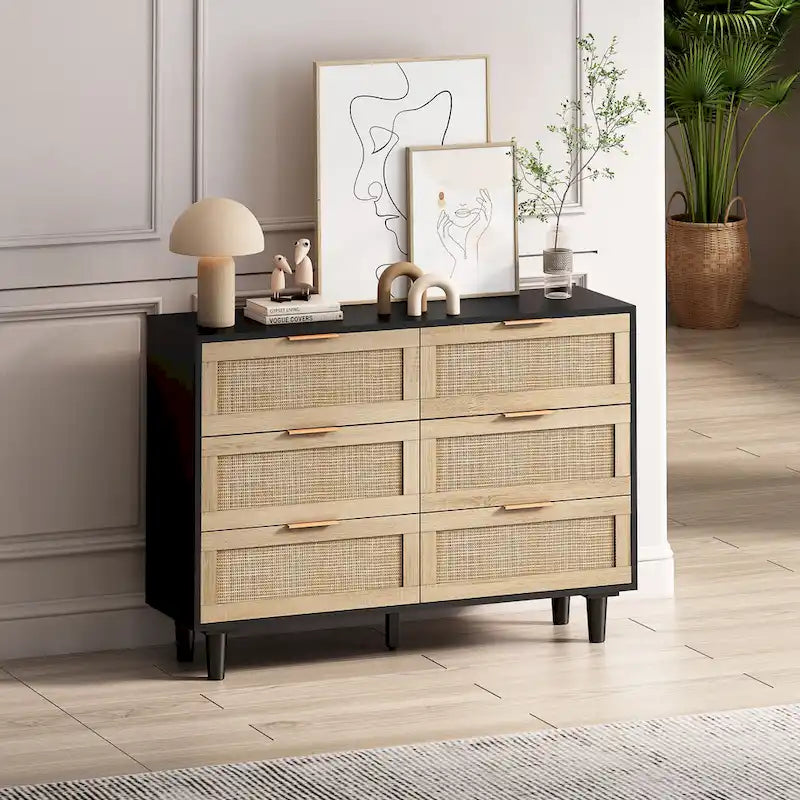 Commode de rangement en rotin à 6 tiroirs, pour chambre à coucher, salon, couleur bois