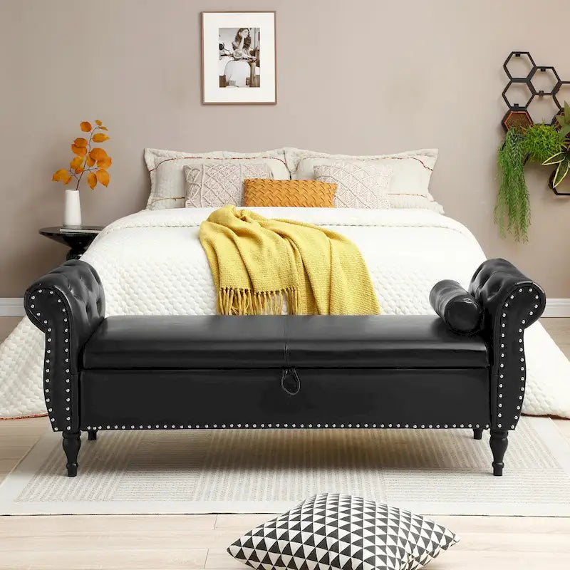63 PU End of Bed Bench Flip Top Entryway Ottoman with 1 Pillow