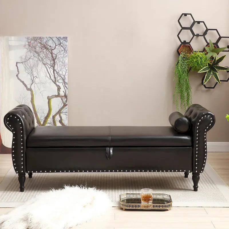 Banc de bout de lit 63 PU avec ottoman d'entrée à couvercle rabattable et 1 coussin