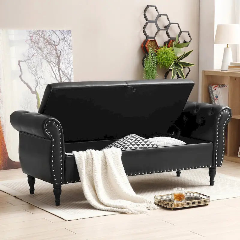 Banc de bout de lit 63 PU avec ottoman d'entrée à couvercle rabattable et 1 coussin