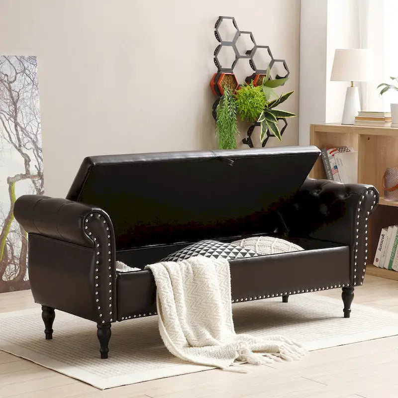 Banc de bout de lit 63 PU avec ottoman d'entrée à couvercle rabattable et 1 coussin