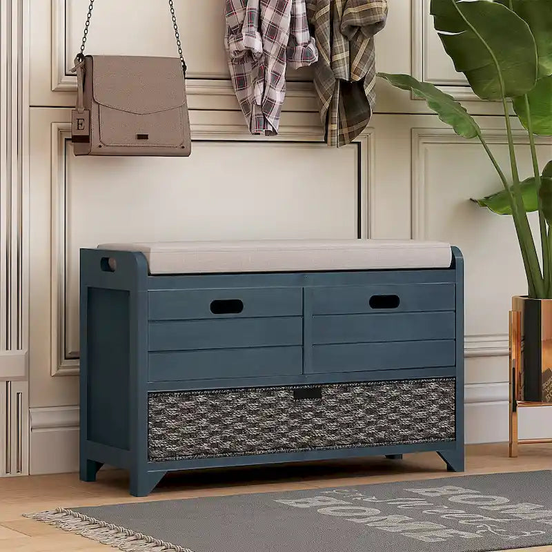 Banc de rangement avec panier amovible et 2 tiroirs