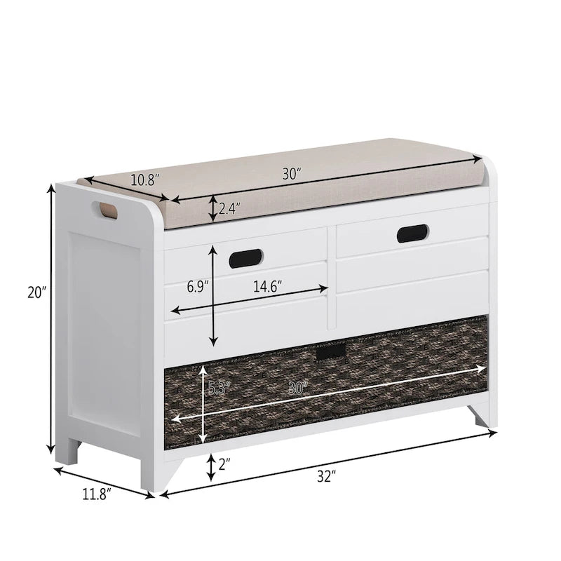 Banc de rangement avec panier amovible et 2 tiroirs