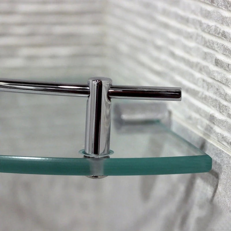 Étagère d'angle en verre avec barrière en laiton massif chromé