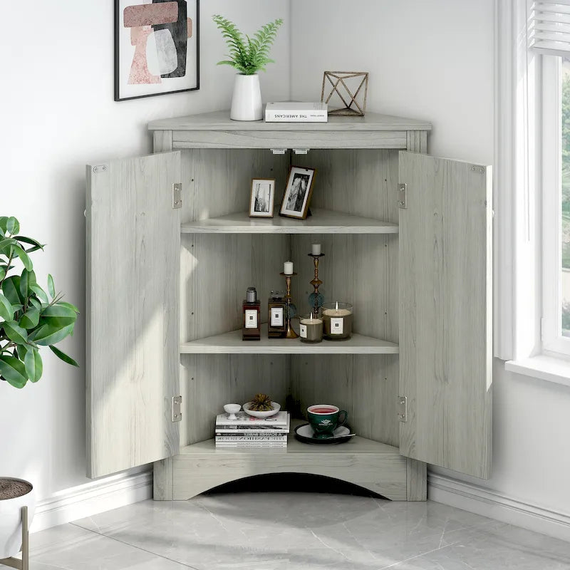 Meuble de rangement d'angle gris pour salle de bain avec étagères réglables