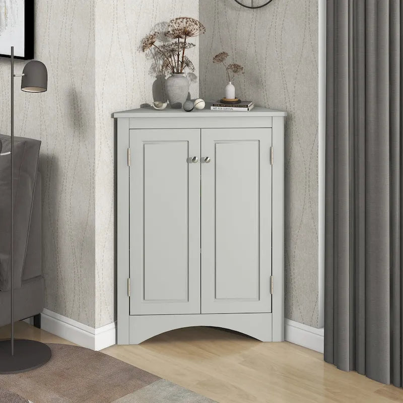 Meuble de rangement d'angle gris pour salle de bain avec étagères réglables