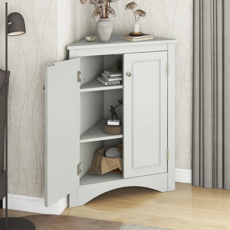 Meuble de rangement d'angle gris pour salle de bain avec étagères réglables