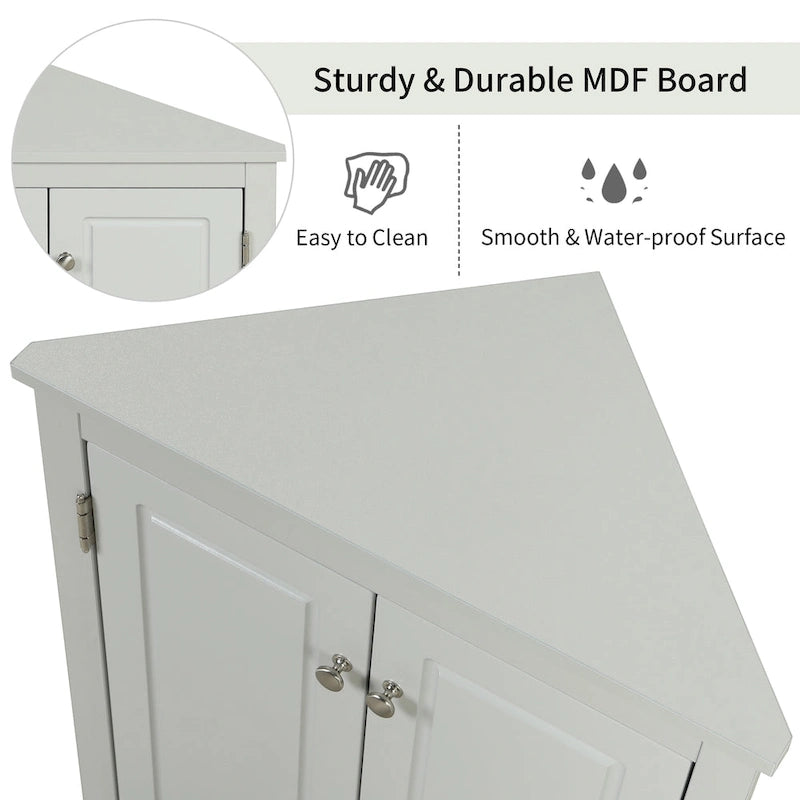 Meuble de rangement d'angle gris pour salle de bain avec étagères réglables