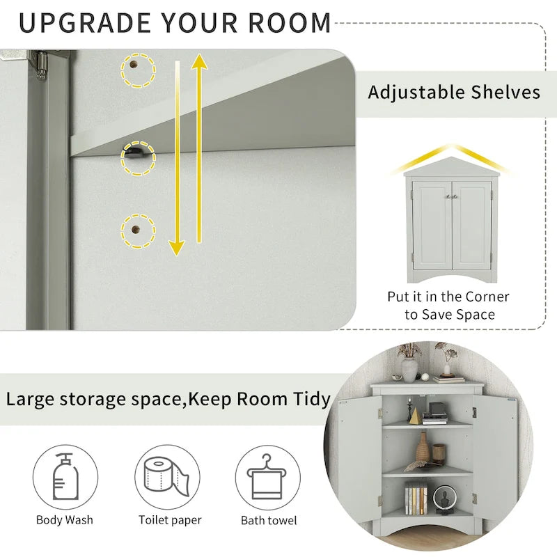Meuble de rangement d'angle gris pour salle de bain avec étagères réglables
