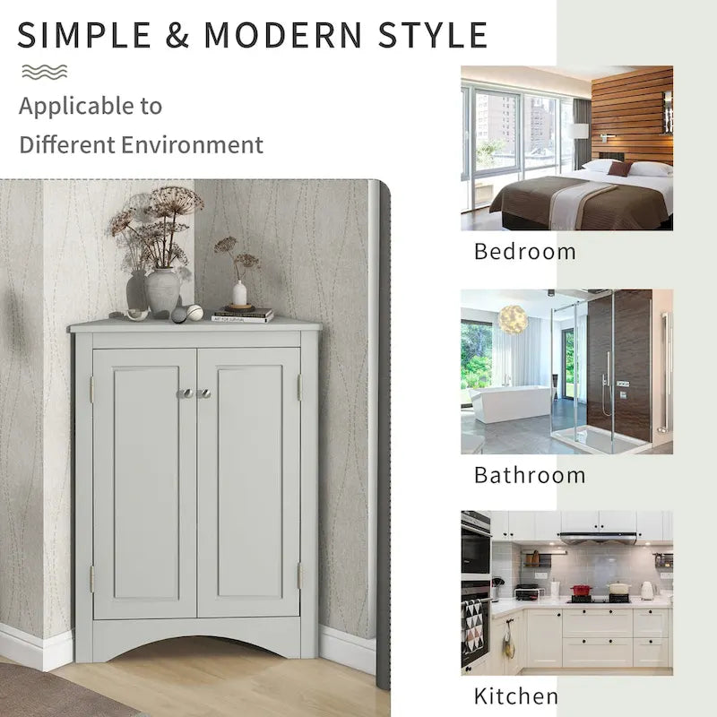 Meuble de rangement d'angle gris pour salle de bain avec étagères réglables