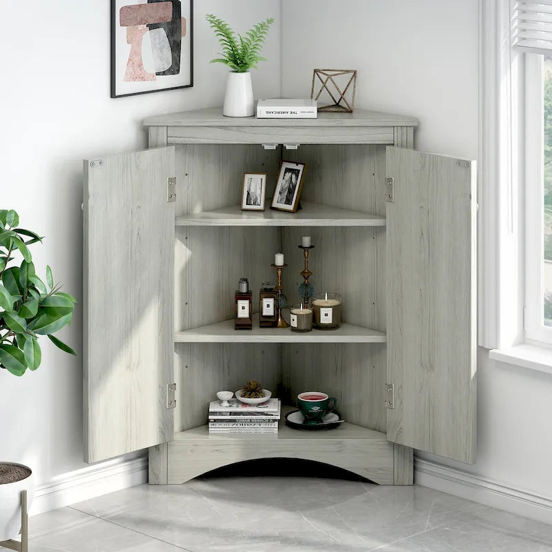 Meuble de rangement d'angle gris pour salle de bain avec étagères réglables