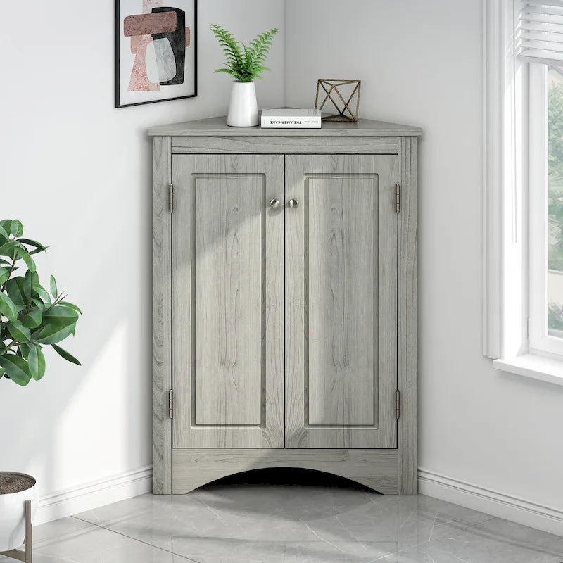 Meuble de rangement d'angle gris pour salle de bain avec étagères réglables