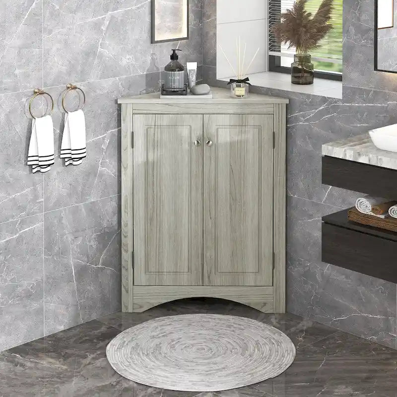 Meuble de rangement d'angle gris pour salle de bain avec étagères réglables