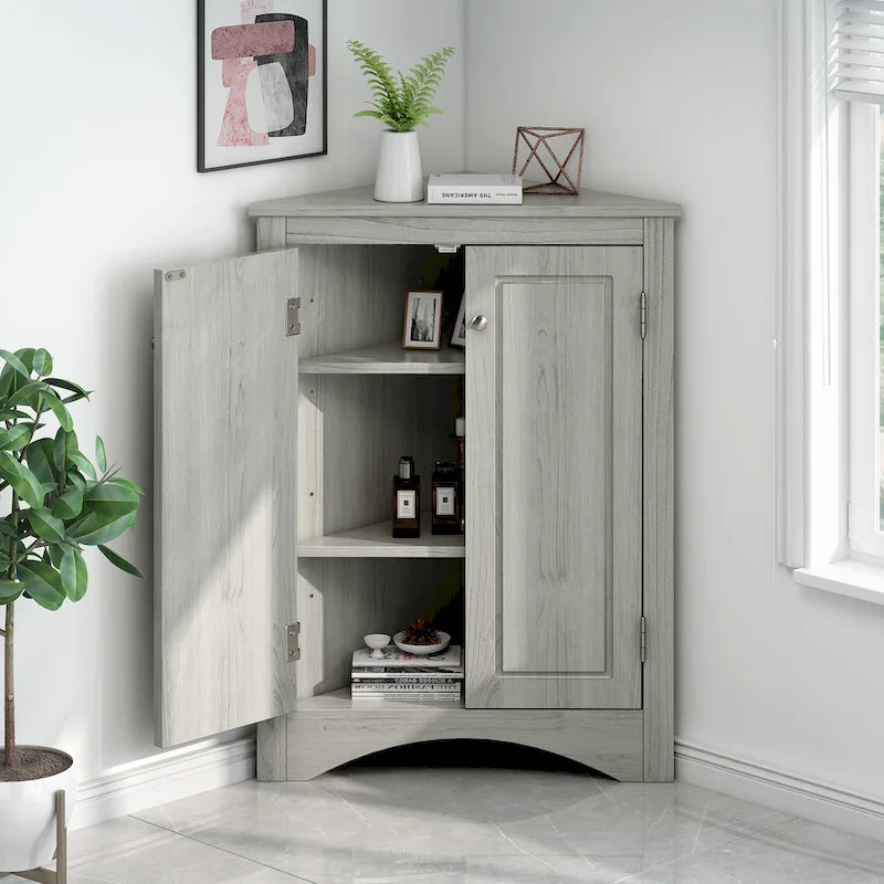 Meuble de rangement d'angle gris pour salle de bain avec étagères réglables