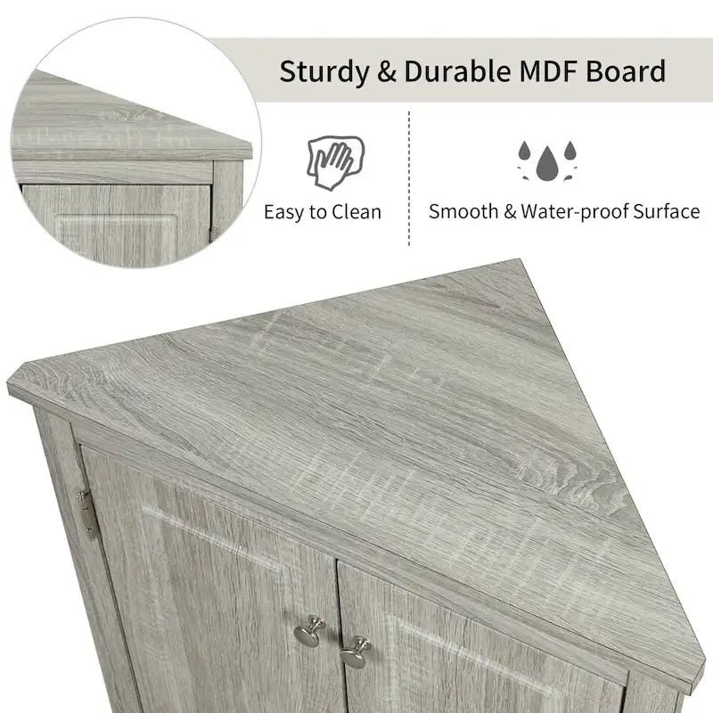Meuble de rangement d'angle gris pour salle de bain avec étagères réglables
