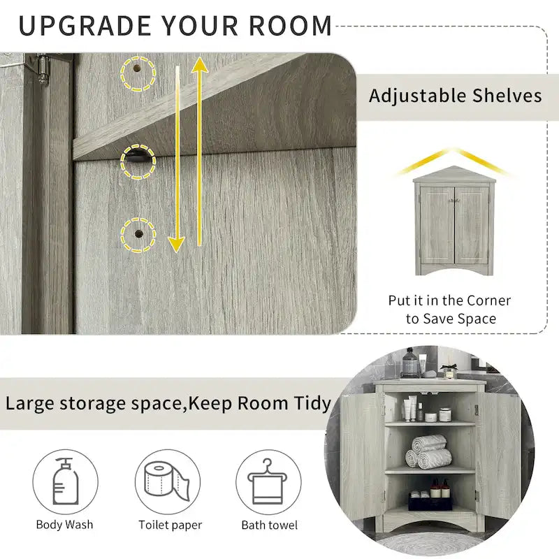 Meuble de rangement d'angle gris pour salle de bain avec étagères réglables