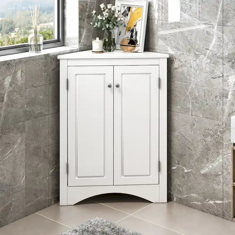 Meuble de rangement d'angle gris pour salle de bain avec étagères réglables