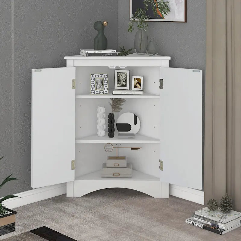 Meuble de rangement d'angle gris pour salle de bain avec étagères réglables