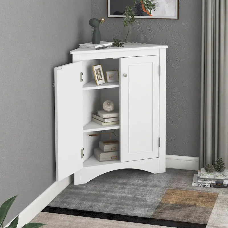 Meuble de rangement d'angle gris pour salle de bain avec étagères réglables