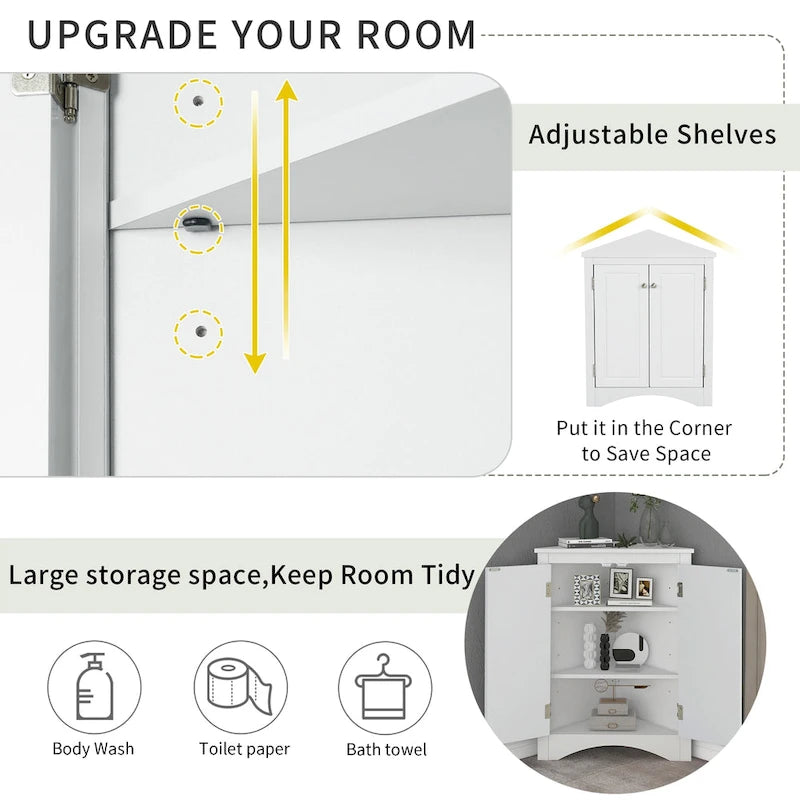 Meuble de rangement d'angle gris pour salle de bain avec étagères réglables