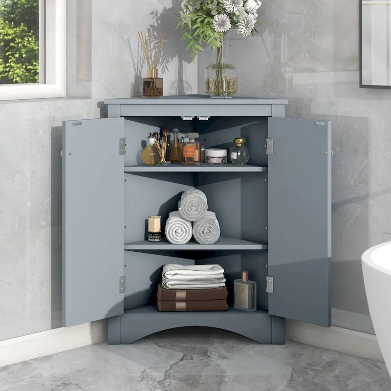 Meuble de rangement d'angle gris pour salle de bain avec étagères réglables
