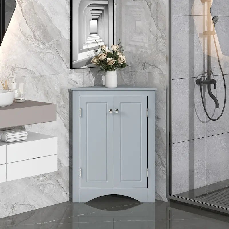 Meuble de rangement d'angle gris pour salle de bain avec étagères réglables