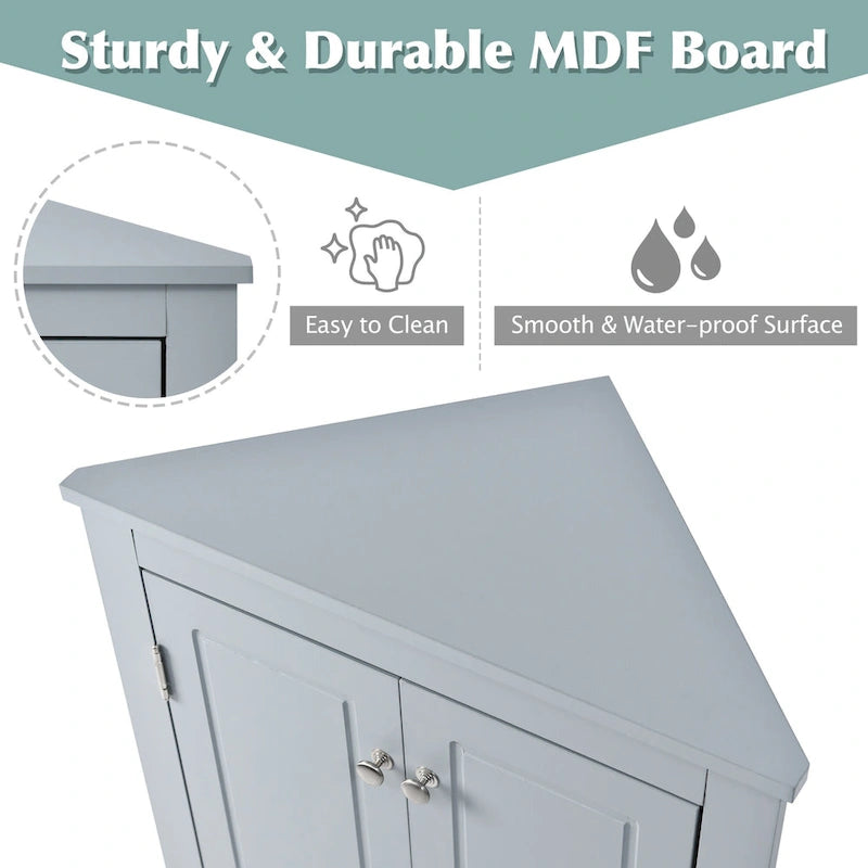 Meuble de rangement d'angle gris pour salle de bain avec étagères réglables