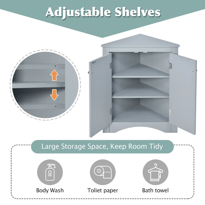Meuble de rangement d'angle gris pour salle de bain avec étagères réglables