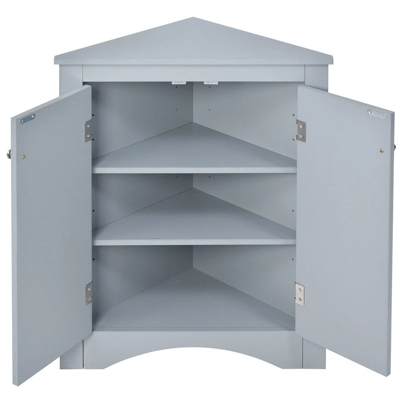 Meuble de rangement d'angle gris pour salle de bain avec étagères réglables