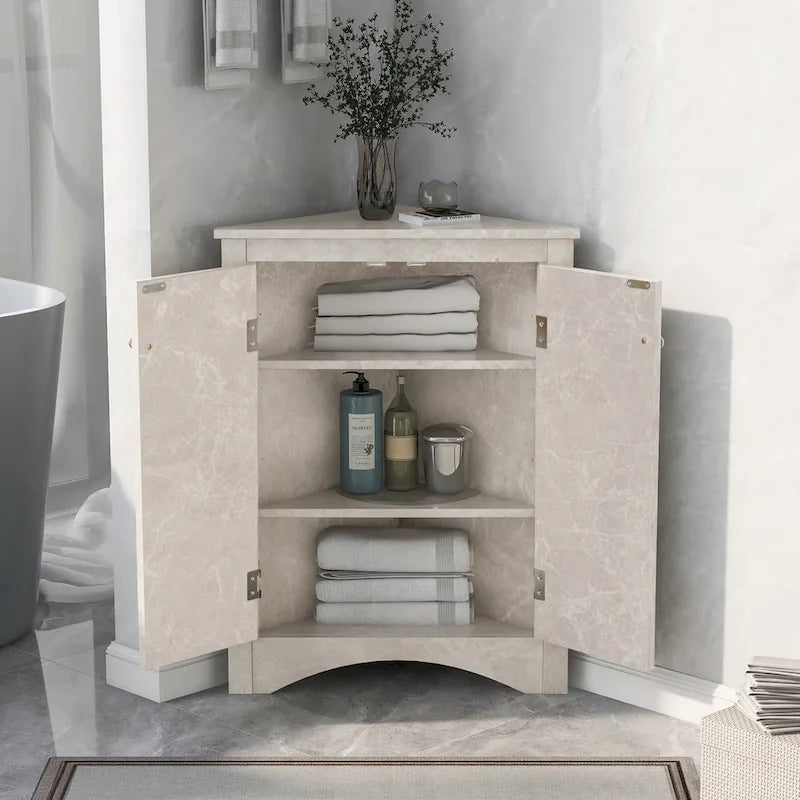 Meuble de rangement d'angle gris pour salle de bain avec étagères réglables