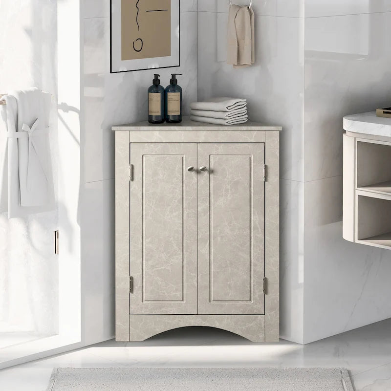 Meuble de rangement d'angle gris pour salle de bain avec étagères réglables