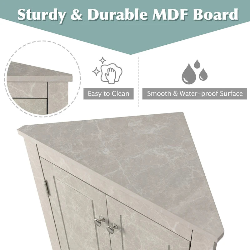 Meuble de rangement d'angle gris pour salle de bain avec étagères réglables