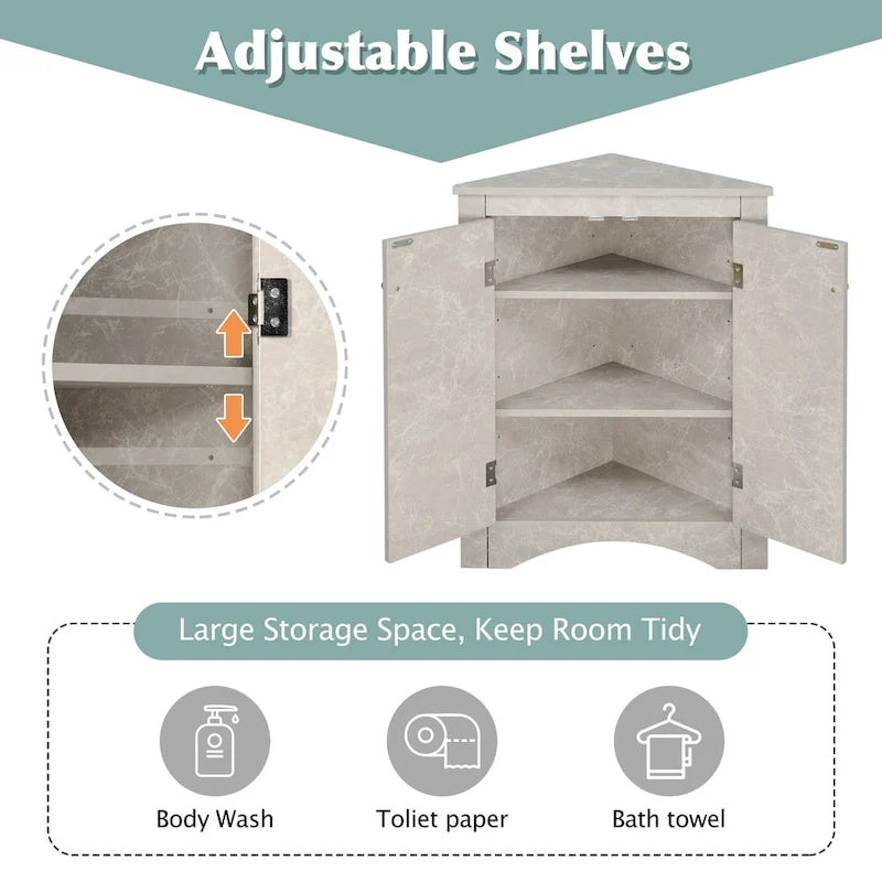 Meuble de rangement d'angle gris pour salle de bain avec étagères réglables